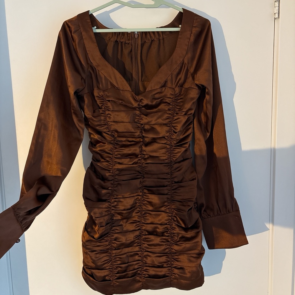 Brown Ruched Long Sleeve Dress